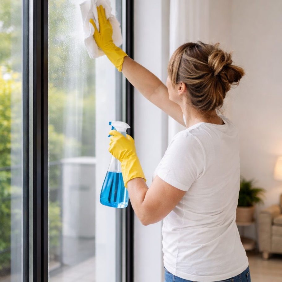Eine Person mit gelben Handschuhen reinigt ein Fenster mit einem Spray und einem Tuch.