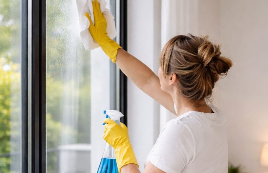 Eine Person mit gelben Handschuhen reinigt ein Fenster mit einem Tuch.