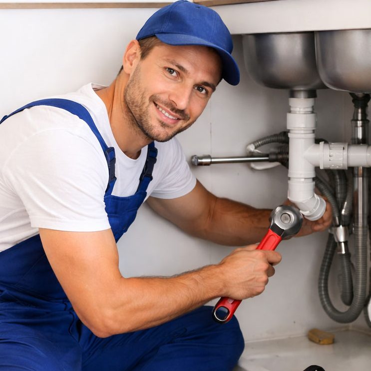 Handwerker mit einem Schraubenschlüssel repariert ein Abflussrohr unter einer Spüle.