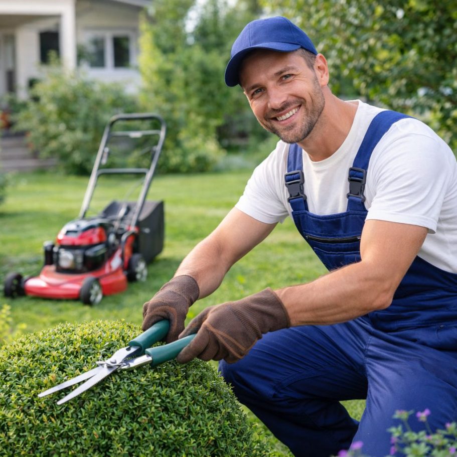 Mann schneidet eine Buchsbaumhecke mit einer Schere, Rasenmäher im Hintergrund.