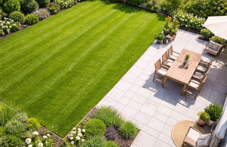 Ein gepflegter Rasen mit Gartentisch und Stühlen, umgeben von grünen Pflanzen.