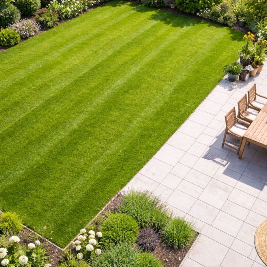 Grüner Rasen mit angelegten Streifen und Pflanzbeeten, Frühstückstisch auf der Terrasse.