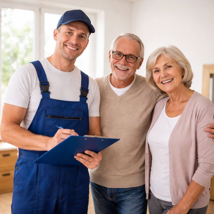 Mann trägt eine Umzugskiste in einem unordentlichen Raum mit vielen Gegenständen.