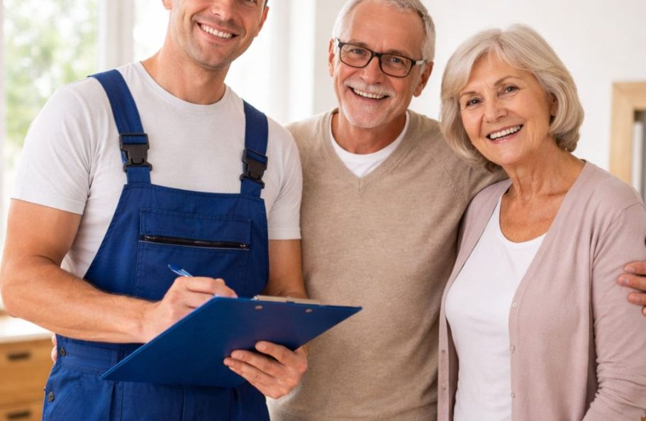 Handwerker steht mit lächelndem älteren Paar in einem hellen Raum und hält einen Notizblock.