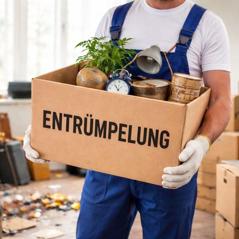 Mann trägt eine Umzugskiste in einem unordentlichen Raum mit vielen Gegenständen.