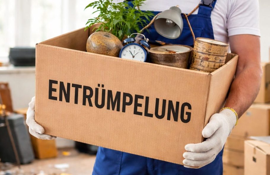 Eine Person hält einen Karton mit dem Aufdruck „Entrümpelung“ und verschiedenen Gegenständen.